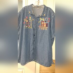 Ladies Bobbie Brooks Top Vtng Blue Denim Embroidered Chickens Farm Grandma 3X?